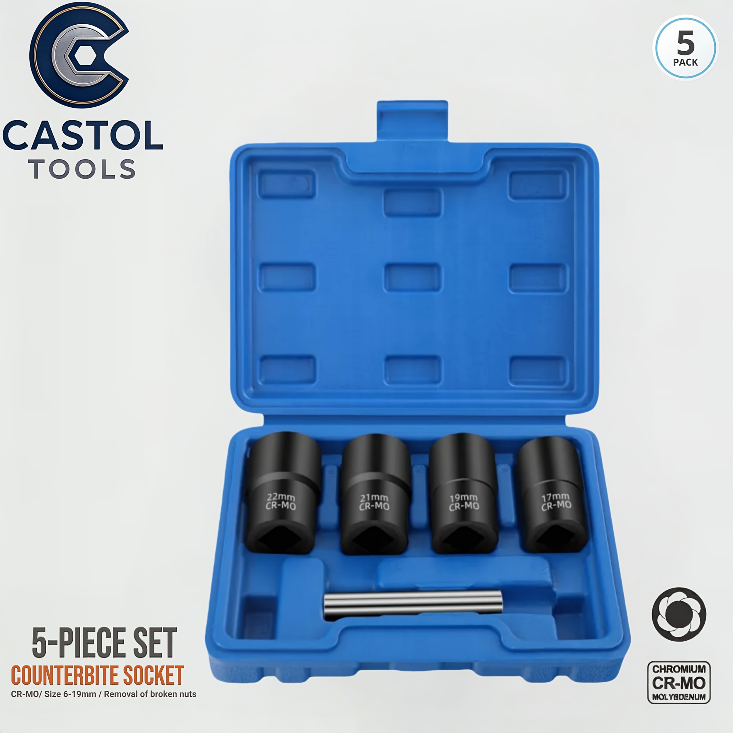 E-shop 5-teiliges Set -Schlüsselbuchsenschlüssel-Set – 1/2-Zoll-Antrieb Beschädigter Muttern-Verriegelungsentferner-Extraktor – Werkzeugsatz zum