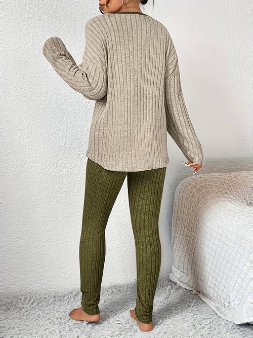 autumn winter new womens pajama set 2pcs ribbed cable heart english embroidery round neck color block long sleeve fit pants