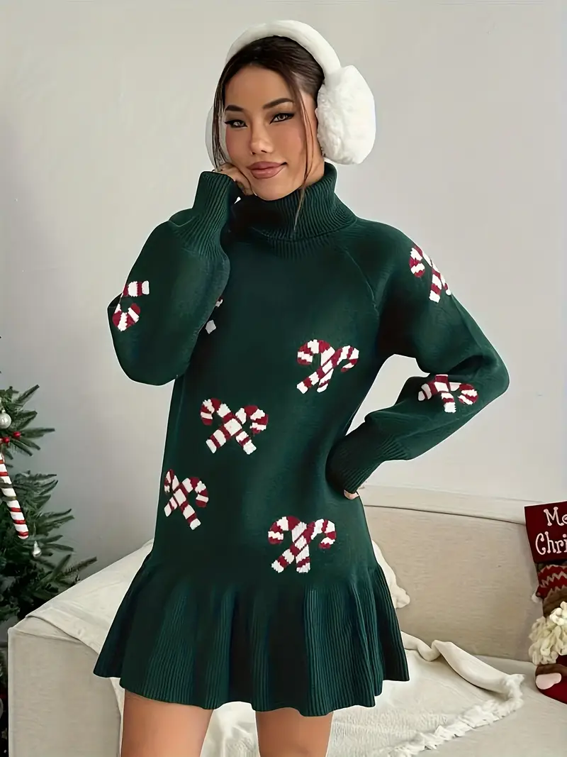 Autumn Winter New Women'S Christmas Warm Comfortable Candy Cane Jacquard Lantern Sleeve Trumpet Hem Cute Sweater Dress Autumn Winter New Women'S Christmas Warm Comfortable Candy Cane Jacquard Lantern Sleeve Trumpet Hem Cute Sweater Dress