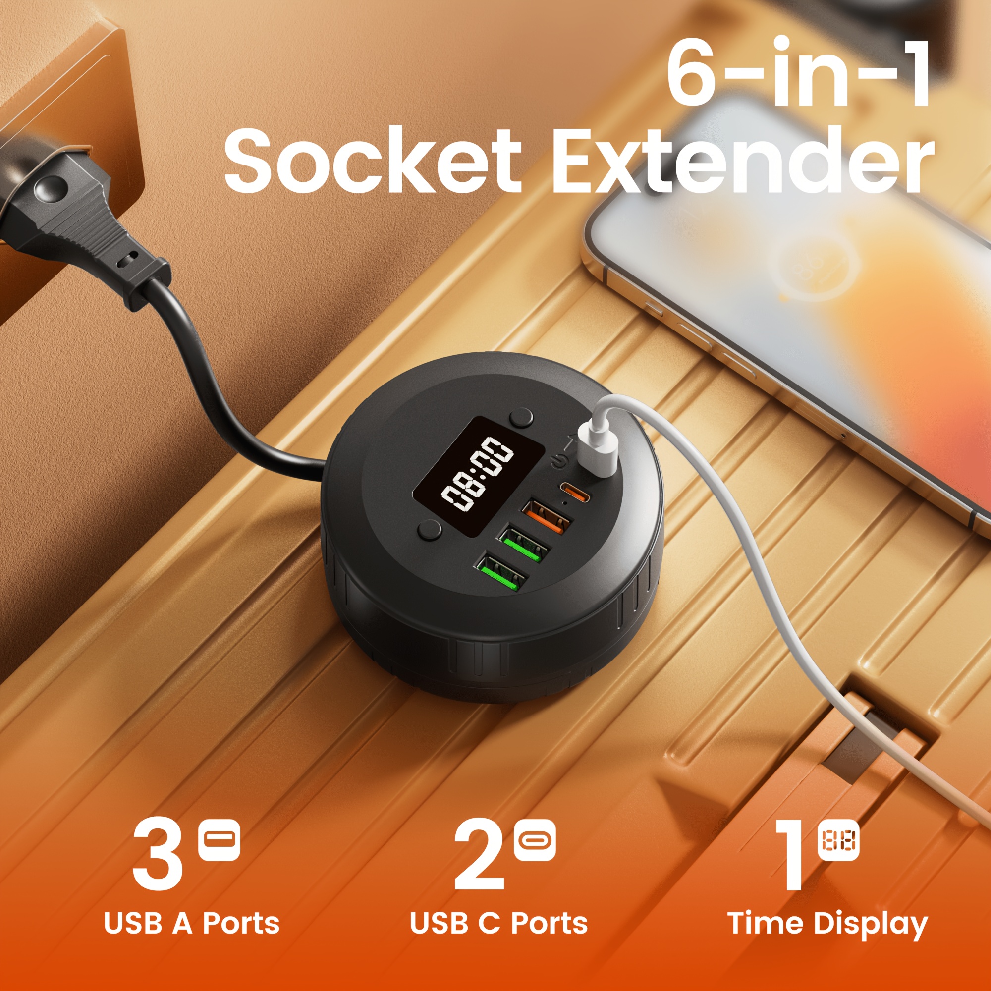Image of Multifunctional Portable Eu Wall Socket 3 Usb 2 Type-c Ports With Clock Screen, Compact European Charger Socket For