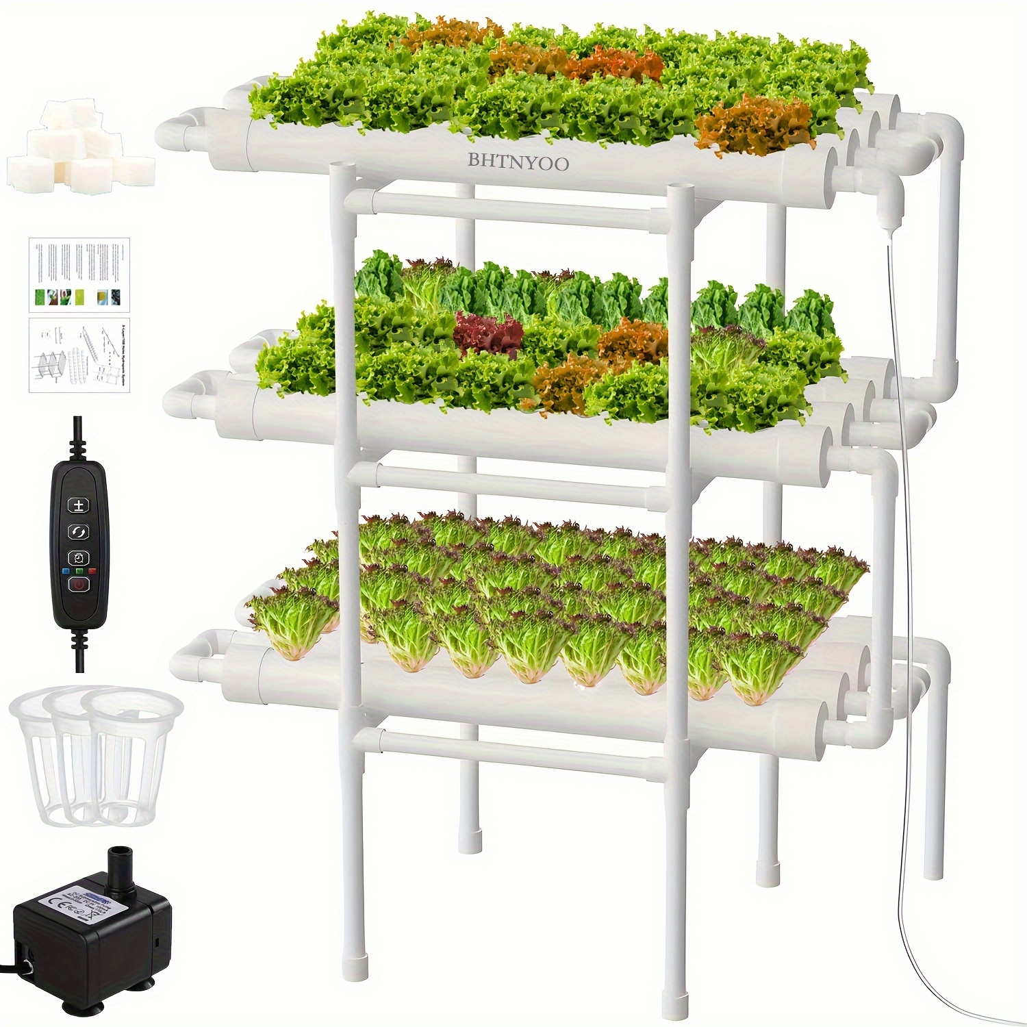 

3-layer/108 Sites Hydroponics Growing System Kits, Food Pvc Pipe Soilless Cultivation Garden Vegetables Planting Tools, With Water Pump, Timer, Sponge, Planting Basket