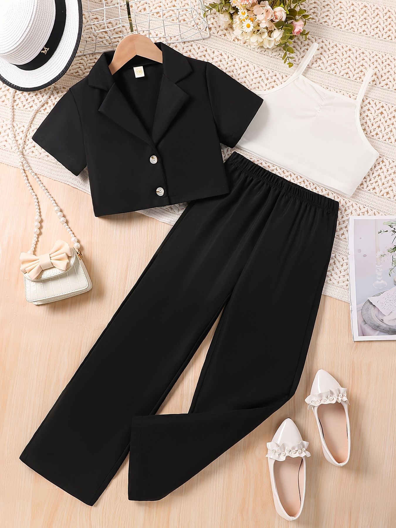 Girls' 3pcs Outfit: Short Sleeve Lapel Button-Up Jacket Pleated  Camisole Elastic Waist Pants Outdoor Play, Parties, Back-to-* and  Graduation