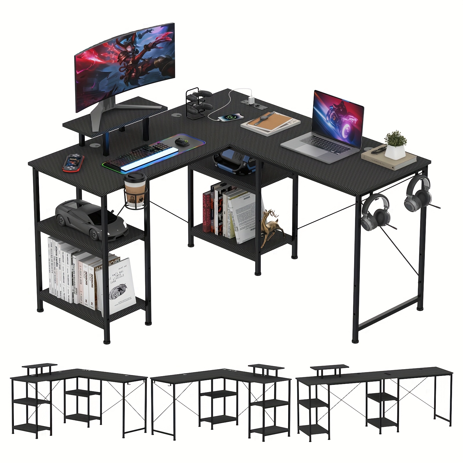 Image of L-shaped Gaming Desk, Desk In , Carbon Fiber Gaming Table With Screen Stand, Angled Gamer With Hooks, Black For Gaming 130x130cm