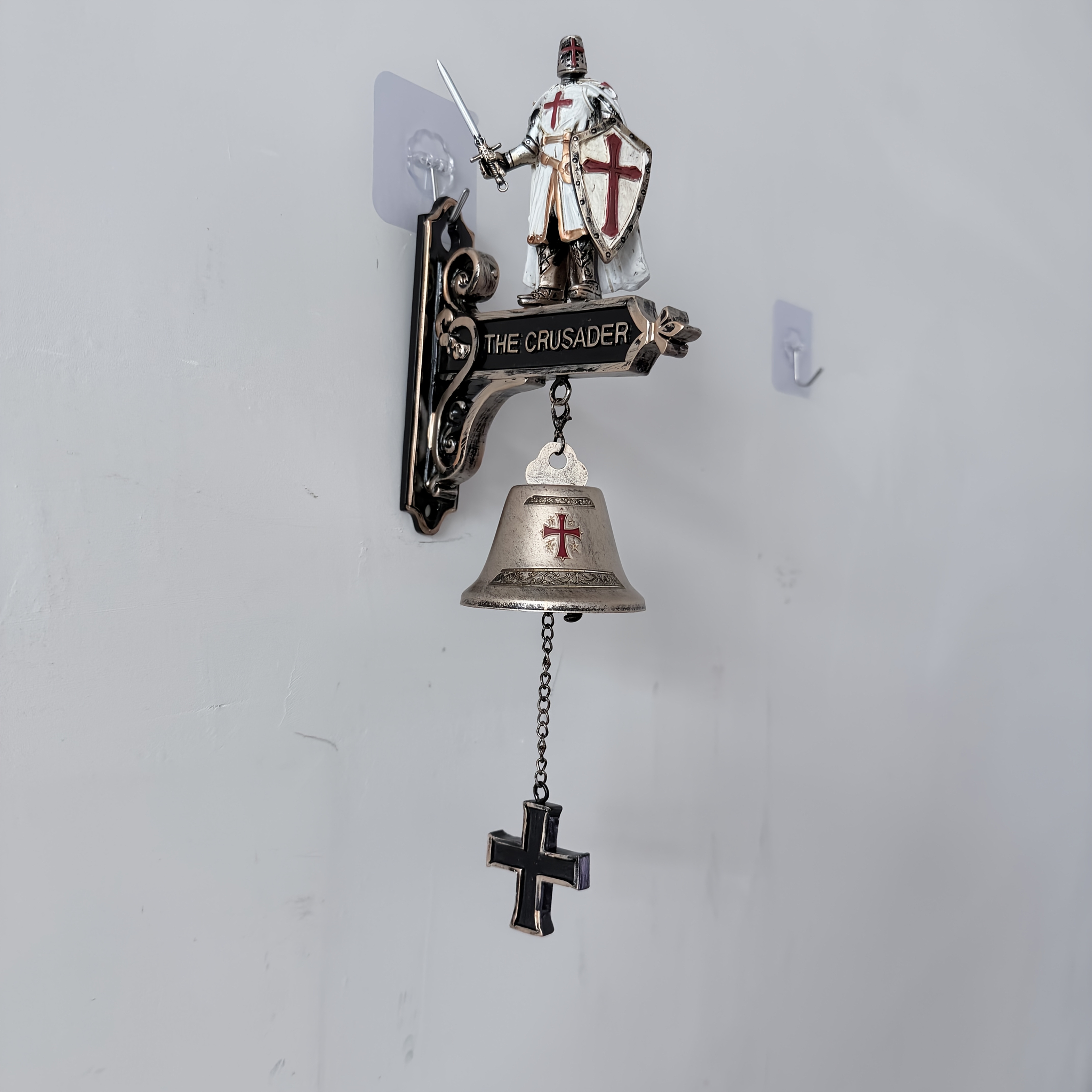 Image of Medieval Templar Knight Wall Bell, Gothic Statue Doorbell With Cross Pull Chain, Decorative Wind Chime, Templar Knight Wall Hanging Bell, Vintage Bronze Style Statue Doorbell With Cross, Art Decor