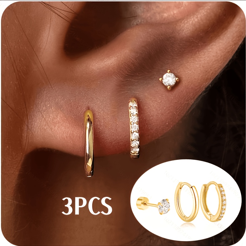 TEMU 3pcs Women's Hoop Earring Set, Stackable For Multiple Piercings, Cz-encrusted, Exquisite And Adorable Mini Lightweight Helix Studs, Suitable For