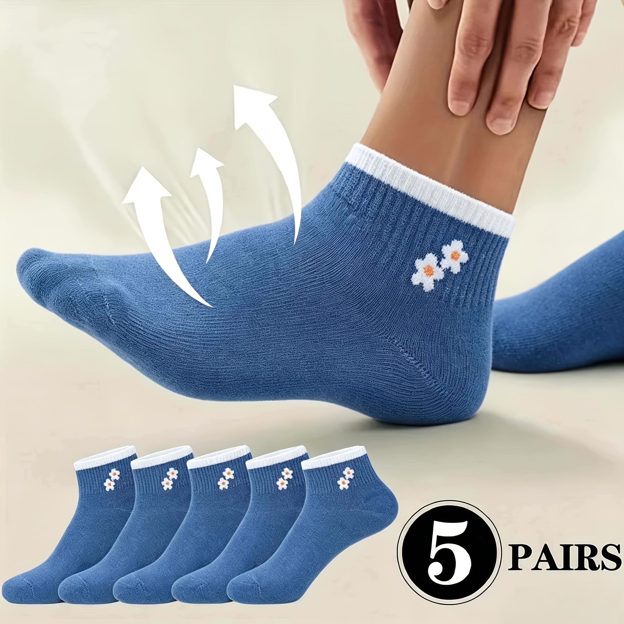 TEMU 5 Pairs Of Blue Flower Breathable Low-cut Short Socks, Boat Socks, And Socks, Suitable For Women And Men, Lightweight Socks, Travel Essential