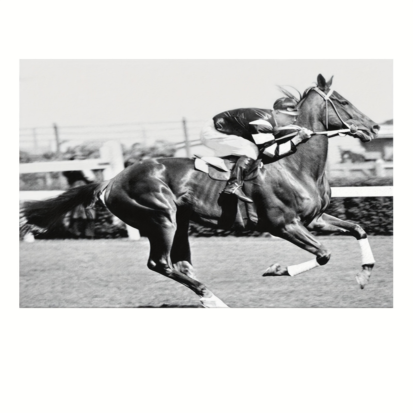 TEMU 1pc Frameless Lap Racehorse Canvas Poster - Black & White Racing Scene Wall Art, 12x18 Inch Premium Canvas Print, Vintage Equestrian Decor For