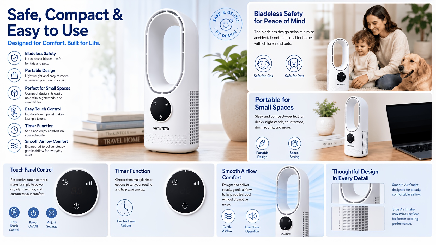 portable air conditioning fan usb tower fan desktop bladeless fan with water     led ambient light timer and smart       camping and   Product details 8