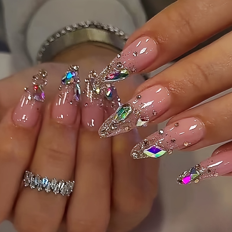 TEMU Ein Set aus 24 langen Stiletto-/Kernknospenförmigen Acrylnägeln in einem nude-pinken Farbton, mit einem glänzenden und Glitzerdesign, verziert