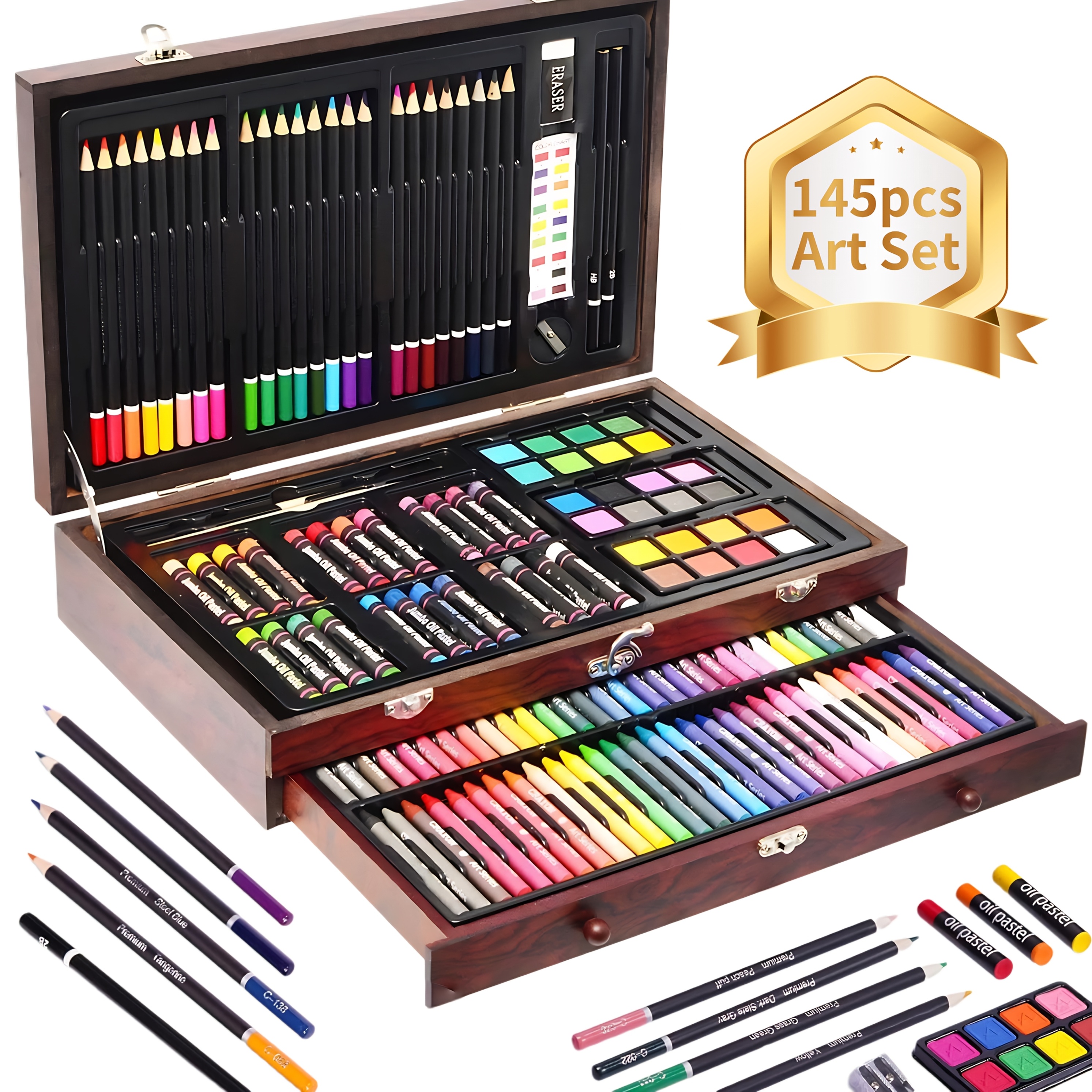 TEMU 145pcs Set With Crayons, Oil Pastels, Watercolor Cakes, Colored Pencils Set In Wooden Case, Professional Art Kit For Professional Paintings Adults, Artist And Teen, Paint Supplies, Easter Gifts,