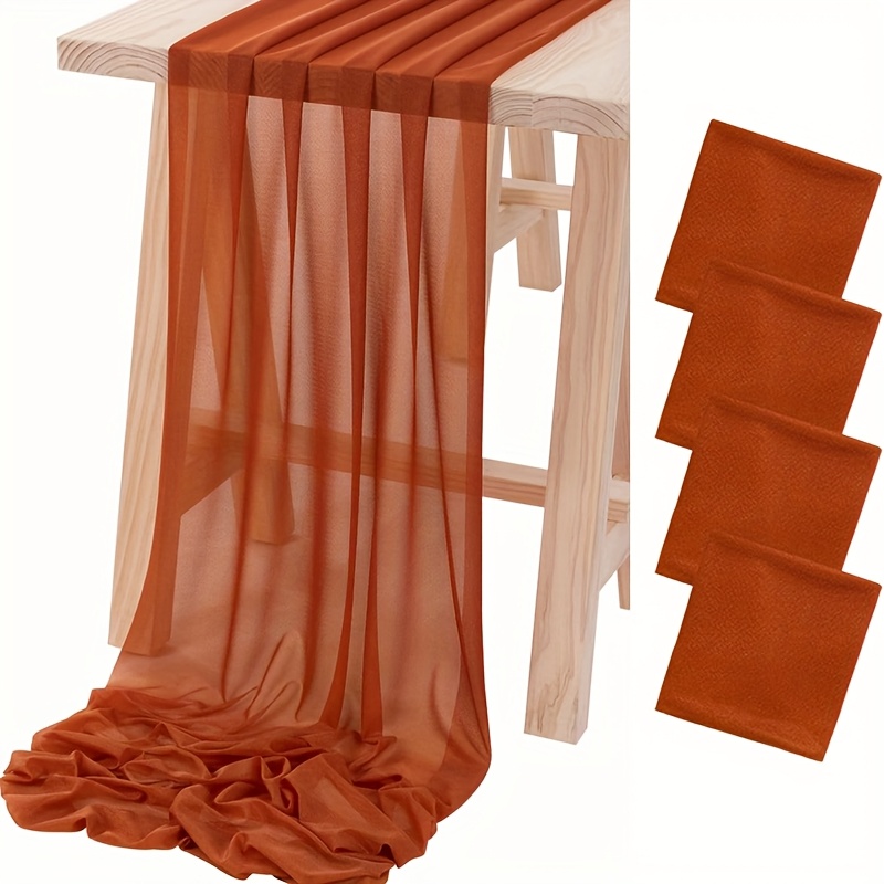 Image of 4-pack, Terracotta Red Chiffon Tablecloths, 11.4x118 Inch Glossy Wedding Table Runners, Suitable For Bridal Shower, Thanksgiving, Valentine's Day, Christmas, And Table Decoration