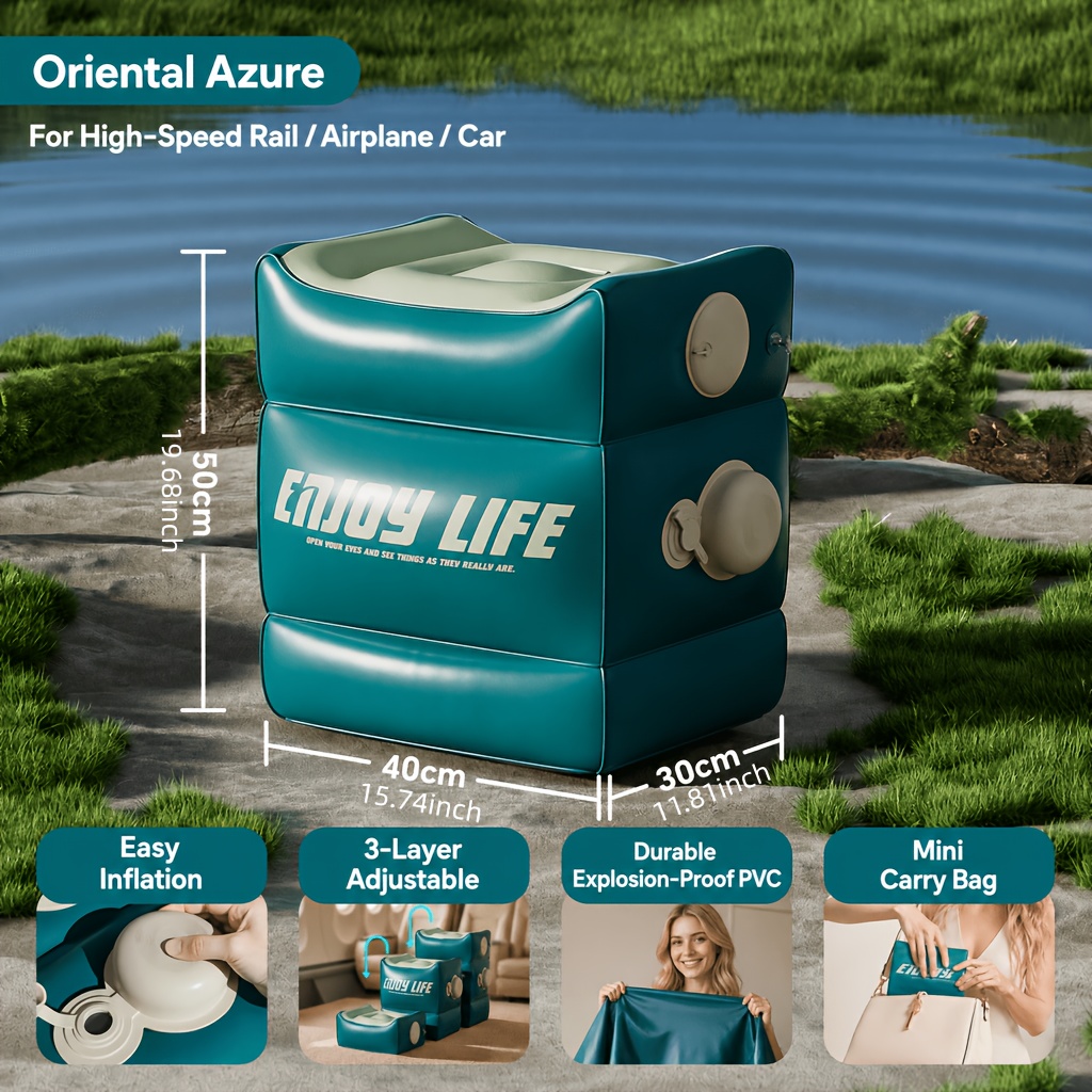 TEMU 1pc Classic Teal Layered Adjustable Inflatable Footrest, Lightweight And Portable, Manual Inflation Without Tools, Suitable For Airplanes,