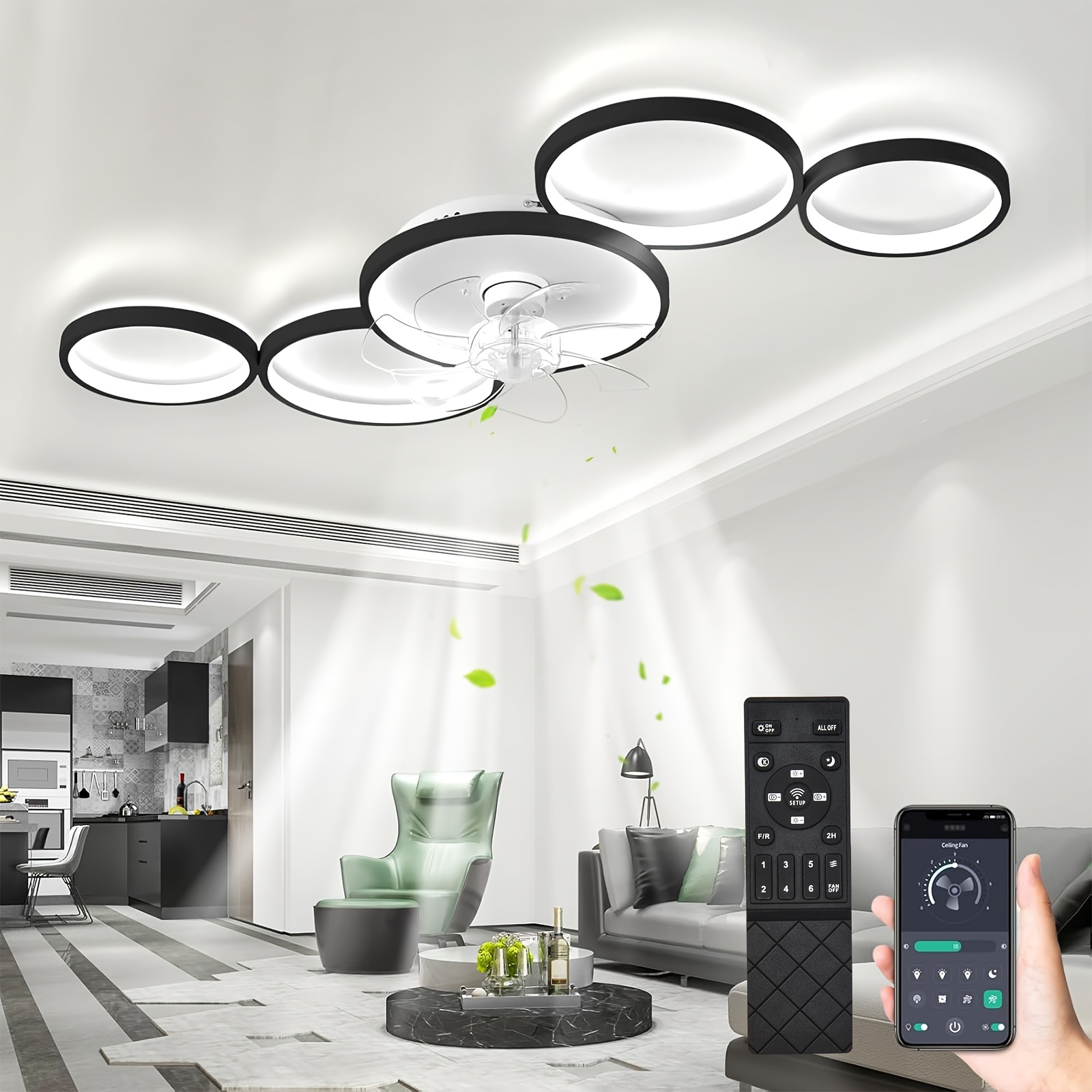Image of Ceiling Fan With Lighting, Ceiling Lamp With Fan And Remote Control App, Quiet 3 Color Temperatures 6 , Lamp With Fan For Bedroom, Living Room