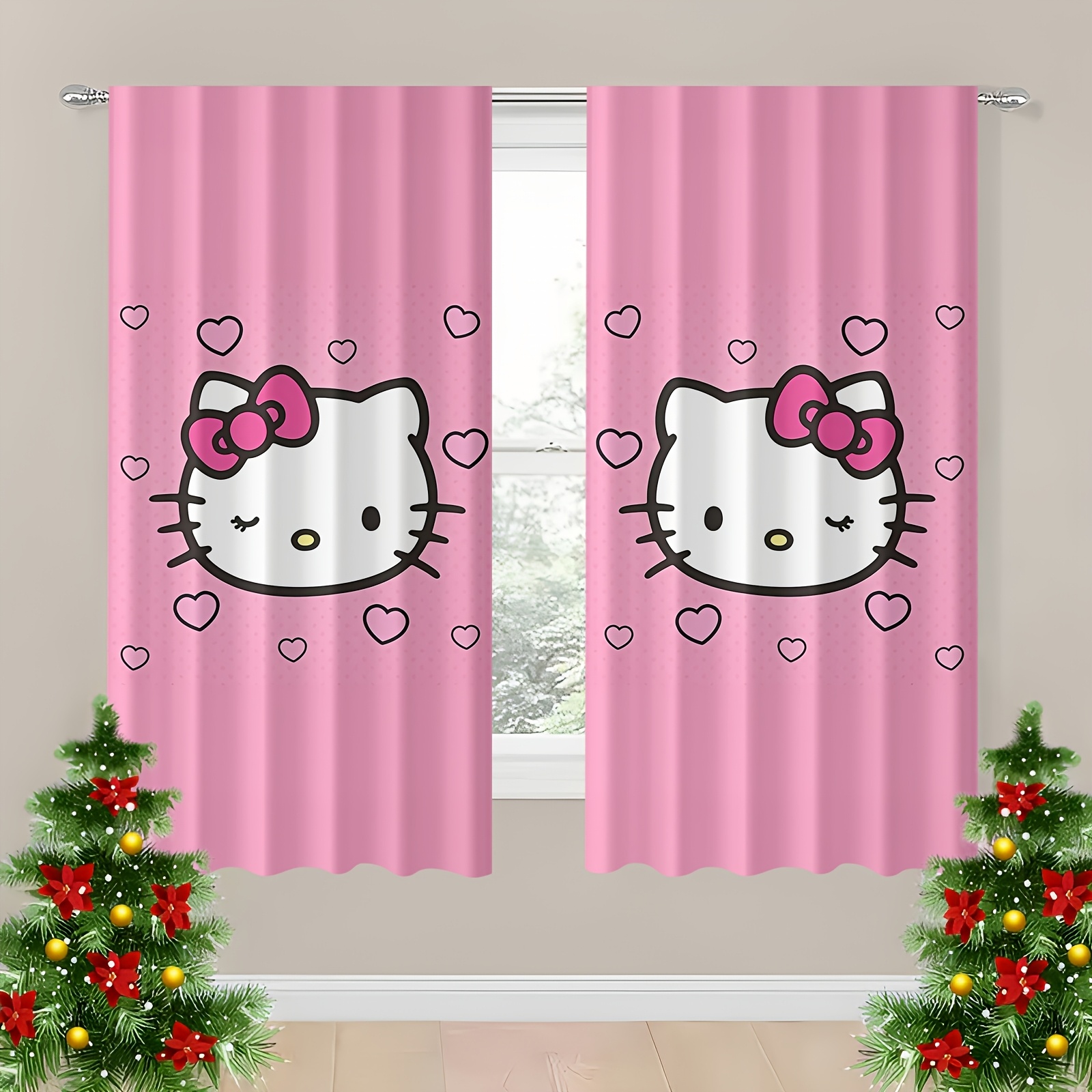 

2pcs Curtains, Hearts Pattern, Polyester, Rod , Unlined, , Tie , For , Sun