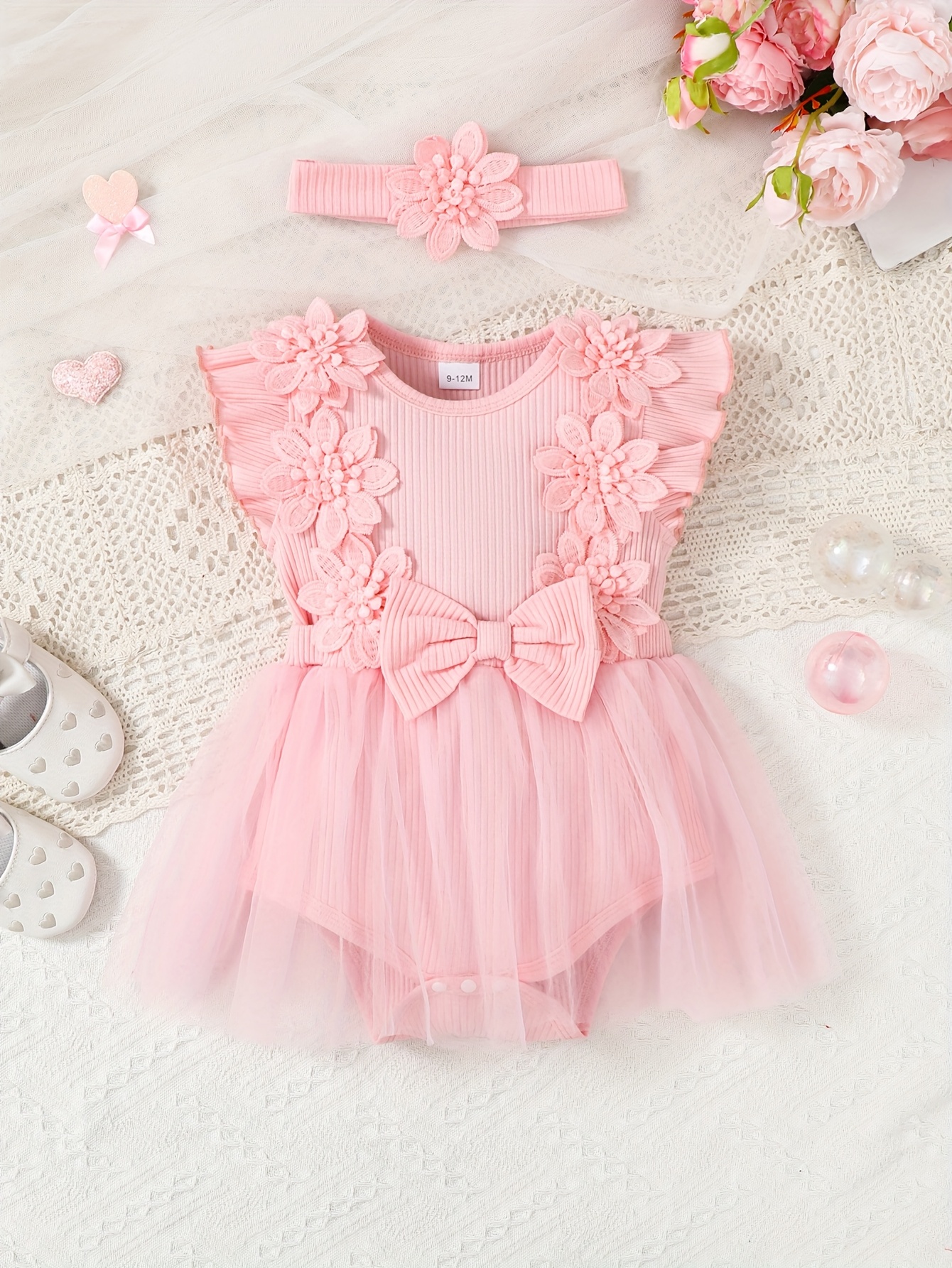 s soft pink ribbed tulle lace trimmed sleeveless romper Temu Nigeria