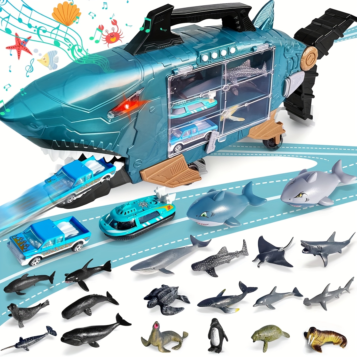 TEMU Shark Toys, Ocean Animals Toys, Shark Truck Toys With 2pcs Toy Trucks, 2pcs Shark Cars, 18pcs Sea Animal Toys