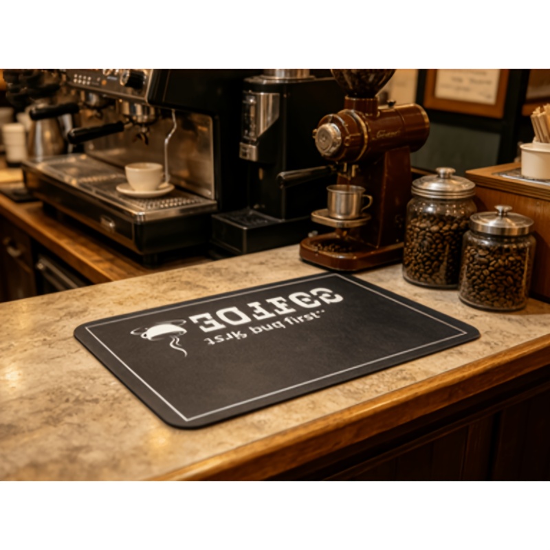 TEMU 【コーヒーマシン用マット】ブラック珪藻土（珪藻土）テーブルマット、コーヒーカップデザインと「」ロゴ入り、ッソマシン用滑り止めパッド、コーヒー愛好家へのギフトに最適（キッチン、カフェ）、コースター、吸水マット、乾燥マット