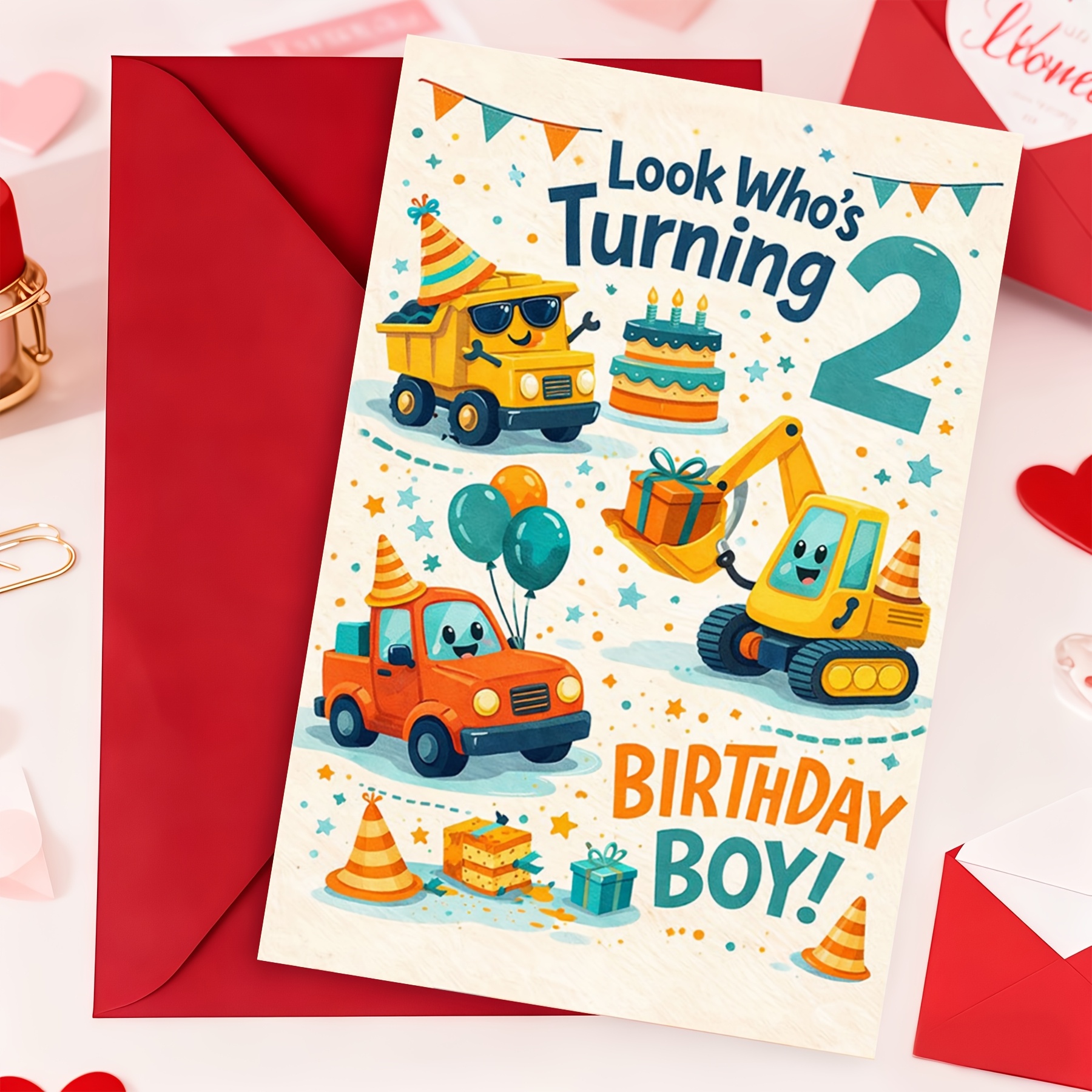 TEMU Carte d'anniversaire 2 ans pour garçon, motif de camion de chantier ludique avec gâteau, ballons et détails de fête, comprend une enveloppe