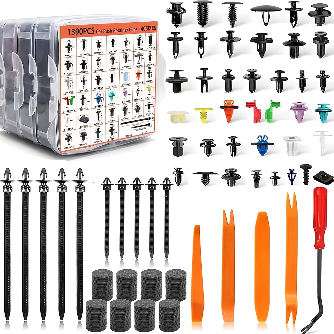 Image of 1390pcs Car Fastener Clip And Kit, Durable Nylon Rivets, Cable Ties, Push Pins And Plastic Parts, With Removal Tool, For Body Panels, Fenders, Bumpers - Universal Accessory For Car Models