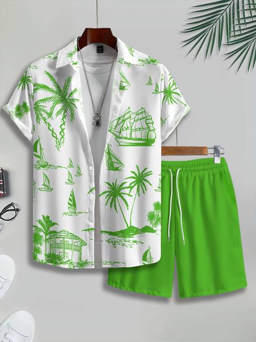 mens casual fashion hawaiian shirt and shorts set beach style outfit