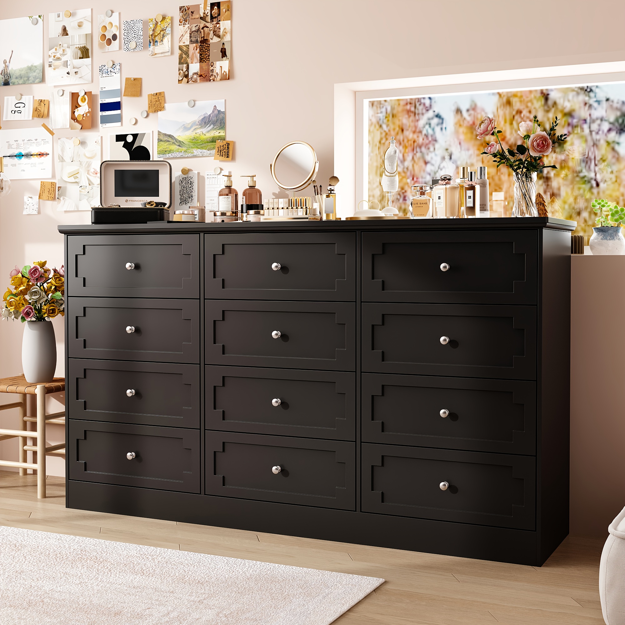 meowl 6-drawer vintage dresser with usb power outlet & organizer bag,  antique handles, blue hardwood storage cabinet - 3.2 cu ft capacity, 27"  height for bedroom, living room, entryway, hallway, dresser for