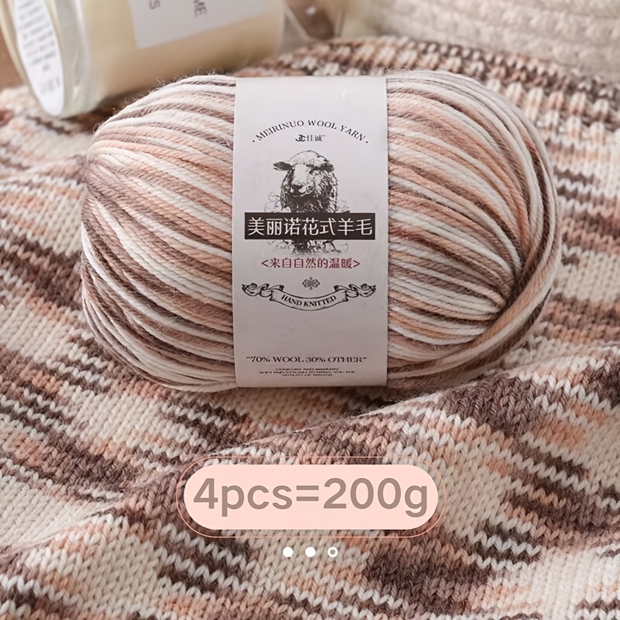TEMU 4pcs 200g Luxury Beautifulino Patterned Wool Knitted Color-block Yarn, Soft And Delicate, Warm And Comfortable (70% Wool, 15% Cashmere, 15%