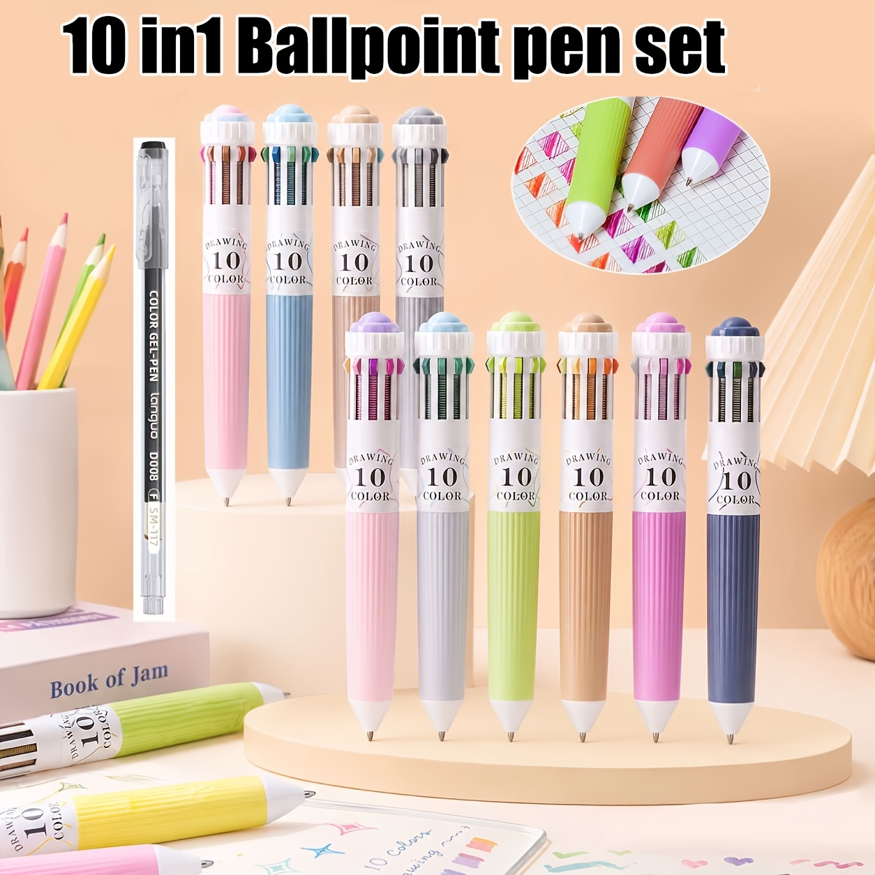 LANGUO 10-in-1 Ballpoint Pen Set, Quick Drying & Stackable Colors