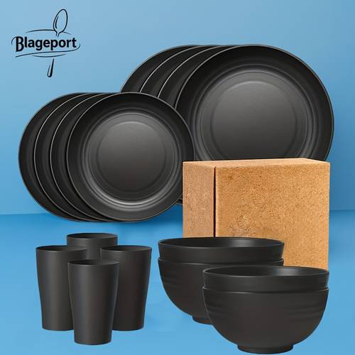 Premium Family Outdoor Dinnerware Set - 16 Unbreakable Pieces, Microwave - and Dishwasher - Safe, Black Set with 8 Plates, 4 Bowls and 4 Cups
