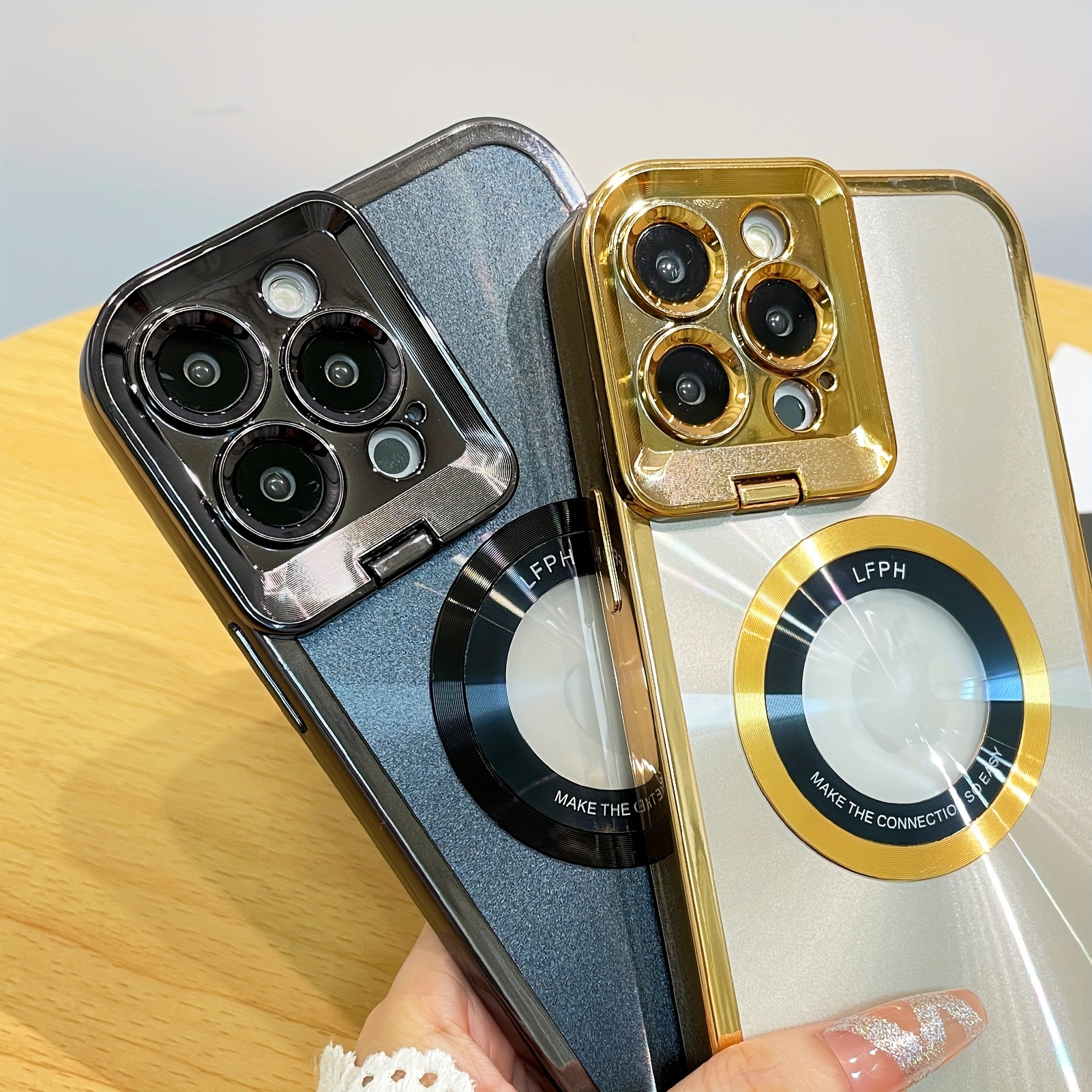 Blendende gëllen Lënsenrahmenhalterung Magnéitesch Telefonshülle fir iPhone 14 Pro Max Kabellos Opluedschutzhülle_voghion.com