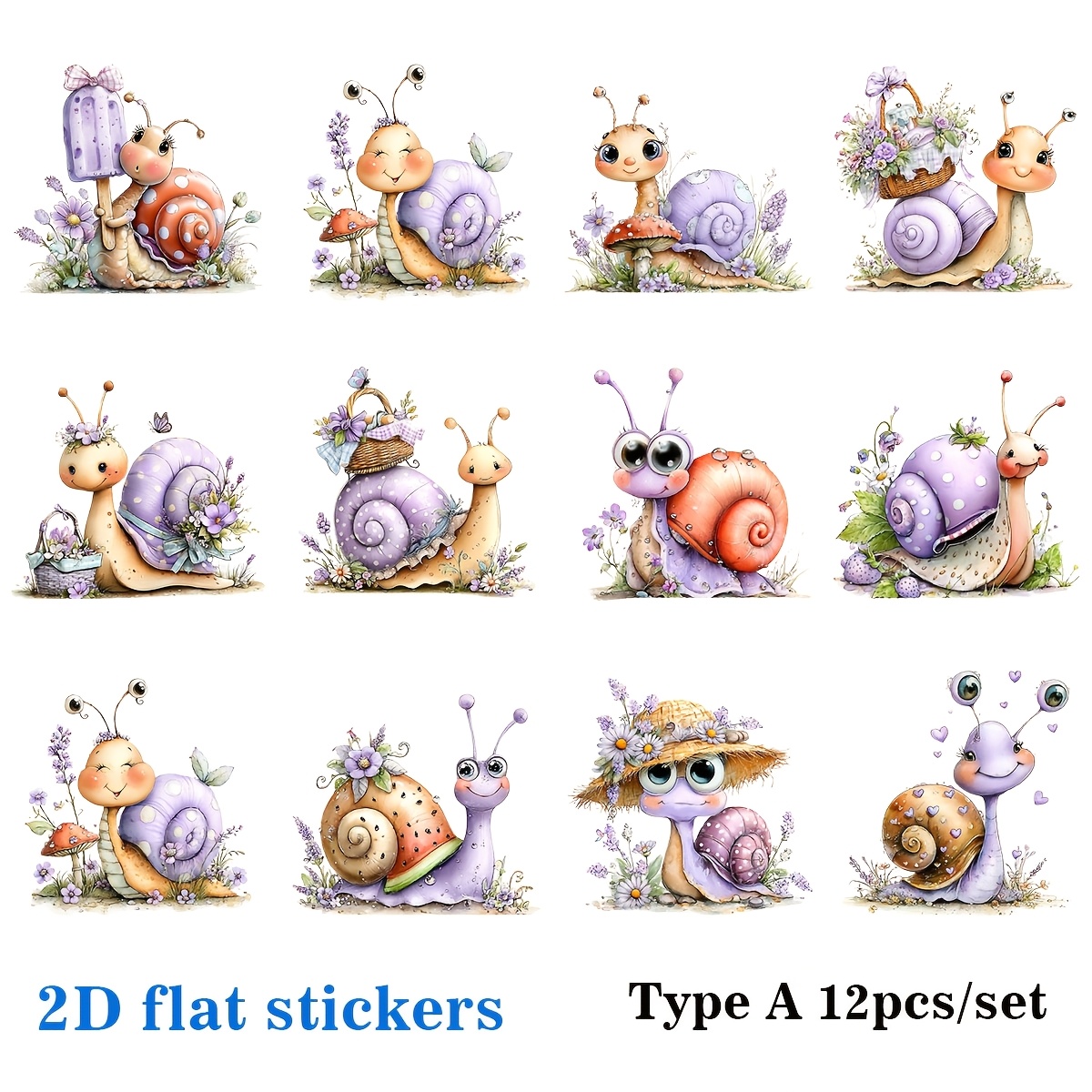 A Set Of Handmade Creative Purple Whimsical Snail Series Stickers Designed For 2d Applications, Perfect For Decorating Junk Journals, Notebooks, Scrapbooks, And Projects