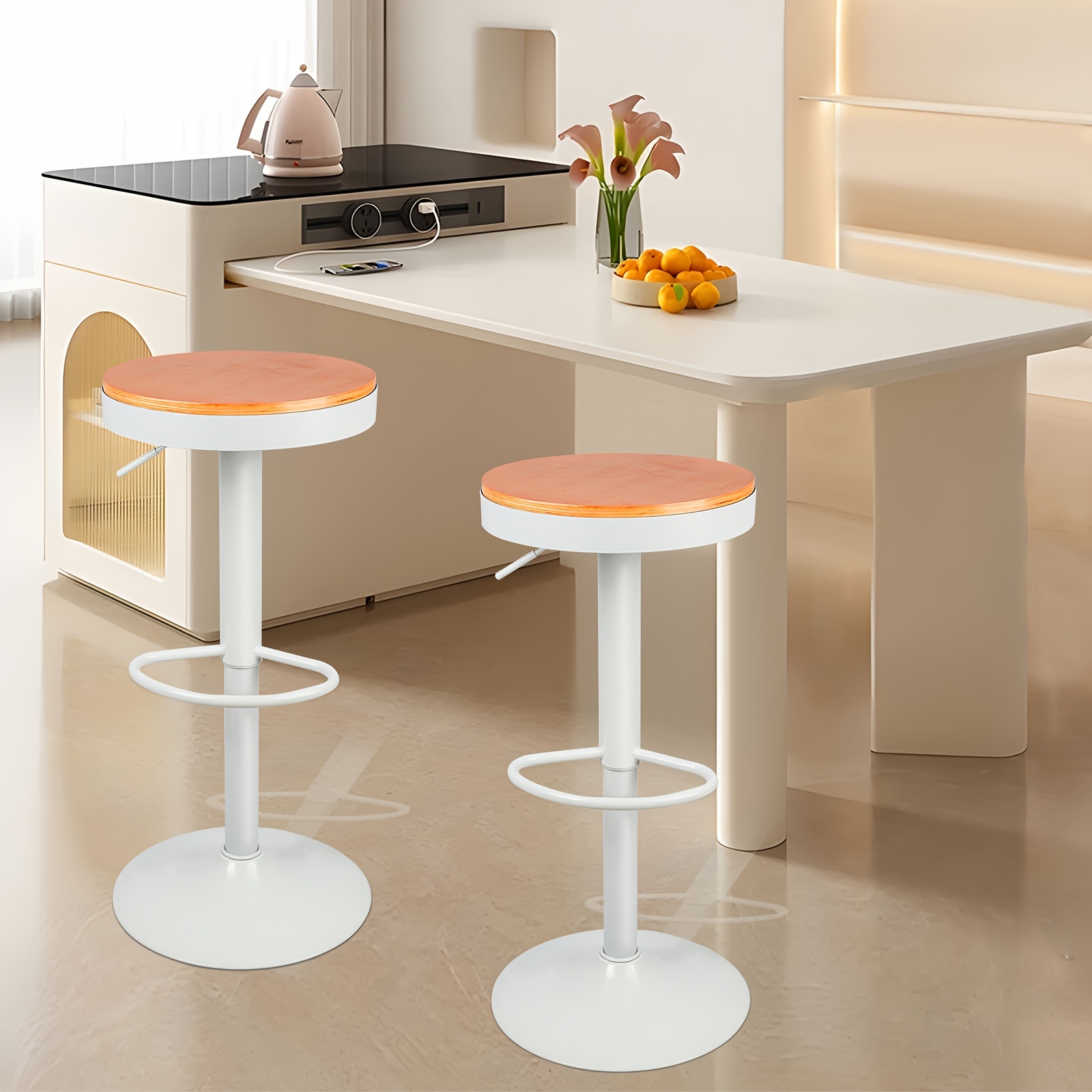 Image of 2pcs Round Industrial Bar Stools With Wooden Seat | Adjustable Height, White Metal Frame For 90cm Kitchen Island, Modern Counter Stools For Home, Bistro & Cafe