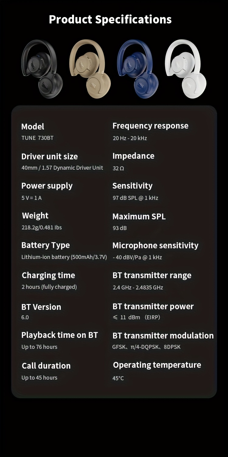 JBL TUNE 730BT Wireless Over-Ear Headphones Designed for Sports, Featuring a Remarkable 76-Hour Battery Life, Noise Cancellation for Calls, Dual Microphones, And Suitable for Gaming And Computer Use, New Model for 2025