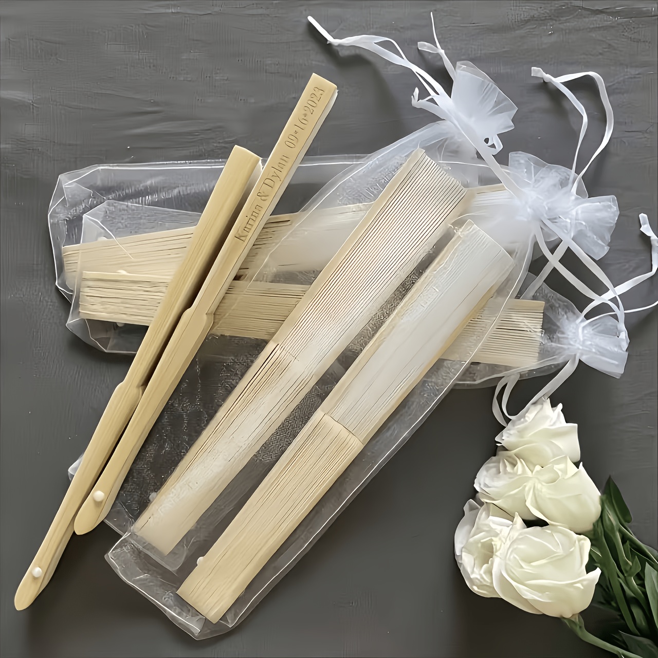 TEMU 20pcs Personalized Engraved White Folding Hand Fans With Gift Bags - Elegant Bohemian Paper Fans For Weddings, Bridesmaid Parties, Birthdays,