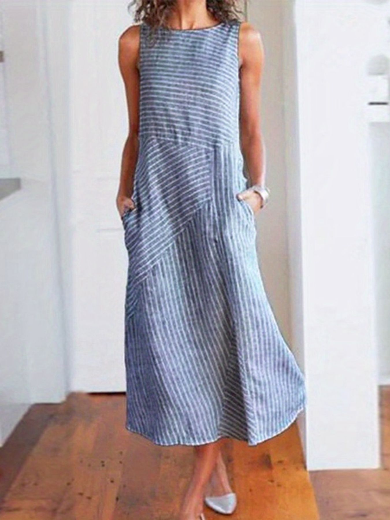 womens casual striped   dress round neck sleeveless midi dress with pockets machine washable dry     versatile pencil   for casual attire stylish   sleeveless fashion   clothing