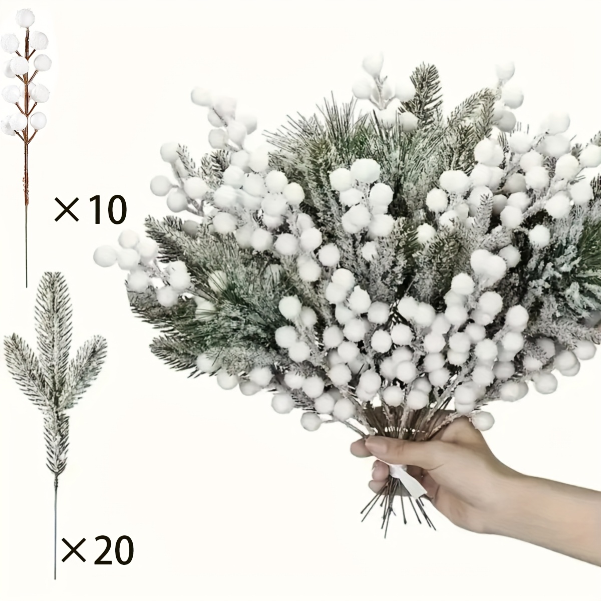 Image of 30pcs White Berry Pine Needle Artificial Flowers, Christmas Scene Decoration, Christmas Tree Wreath Embellishment, Home Window Mantelpiece Decor, Holiday Atmosphere Creation Artificial