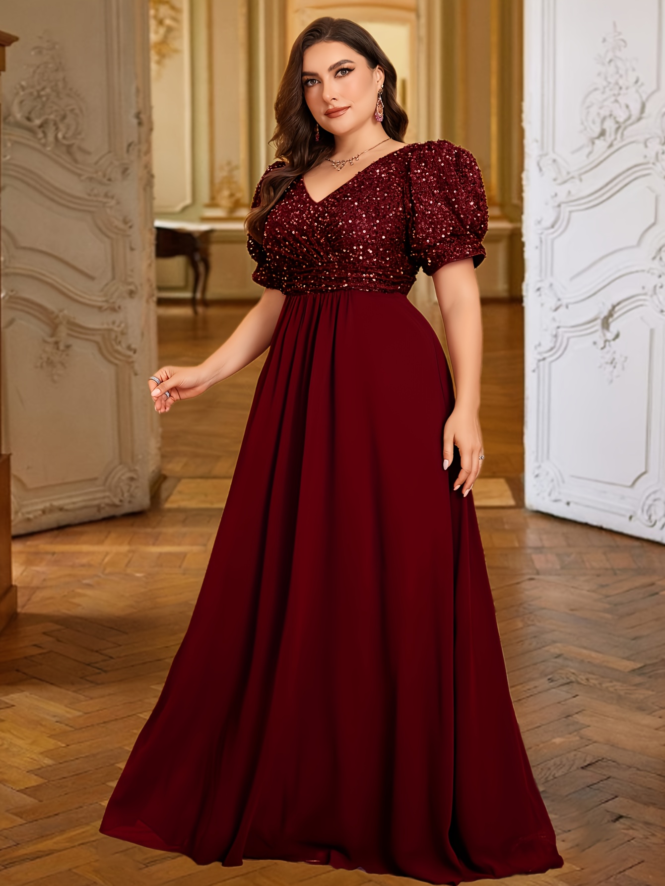 elegant plus size deep v neck sequin spliced evening gown - Temu