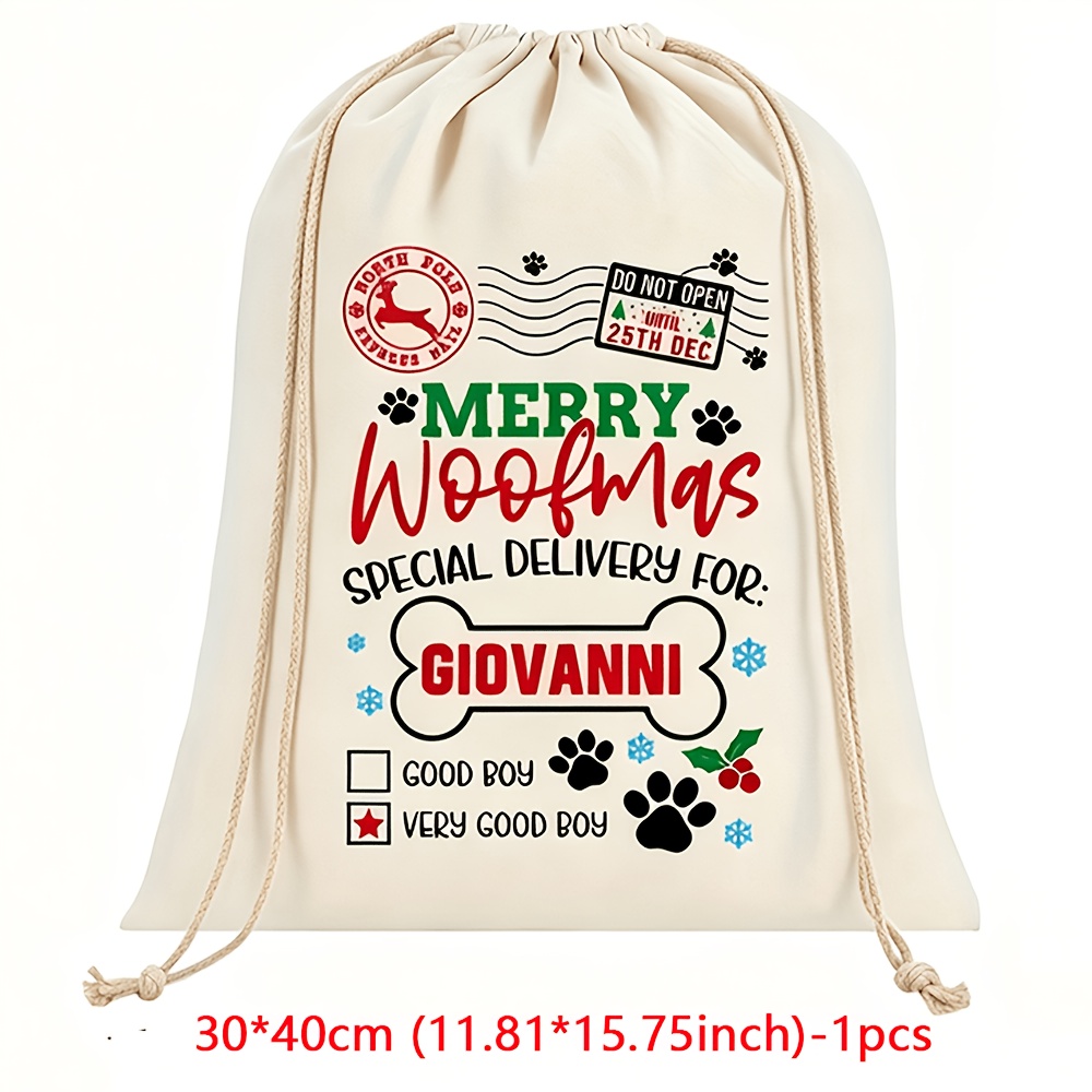TEMU Gift For Her/him Personalized Custom Pet Dog Name, Red Green Check Paw Print Santa Bag, Merry Christmas, Holiday New Year Gift Bag, Choice For