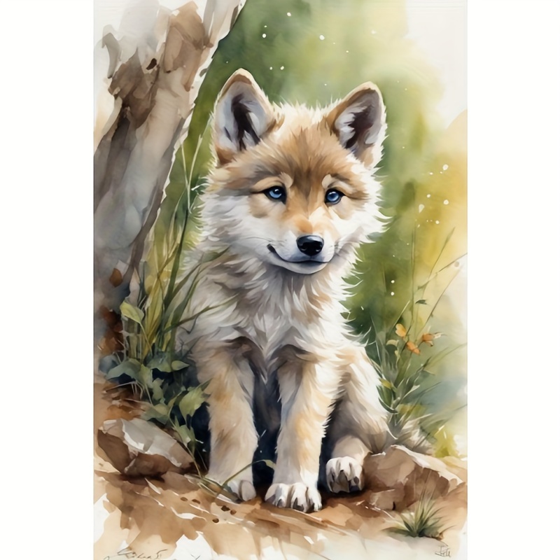 

5d Diy Diamond Painting Kit - Adorable Wolf Pup Full Drill Round Diamond Embroidery Craft For Wall Decor, Art Gift Set - Major Material Canvas