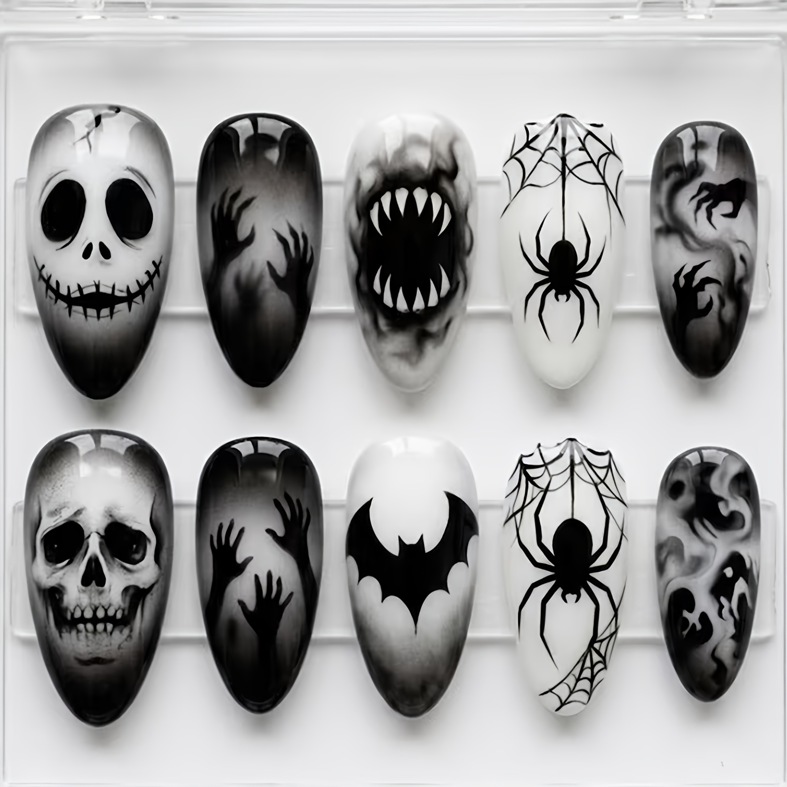 TEMU 30pcs Punk Dark Halloween 3d Gel Nails Almond Press-on Acrylic Nails Medium Surface Gradient Design For Home Nails Reusable With Bat & Gothic
