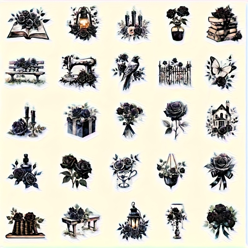 50pcs Huaiyuan Vintage Stickers Suitable For Diy Crafts, Scrapbooking & Journaling - Transparent Pet Irregular Cut Cute Doodle Roses, Luggage Decoration, Party Gifts (50pcs)