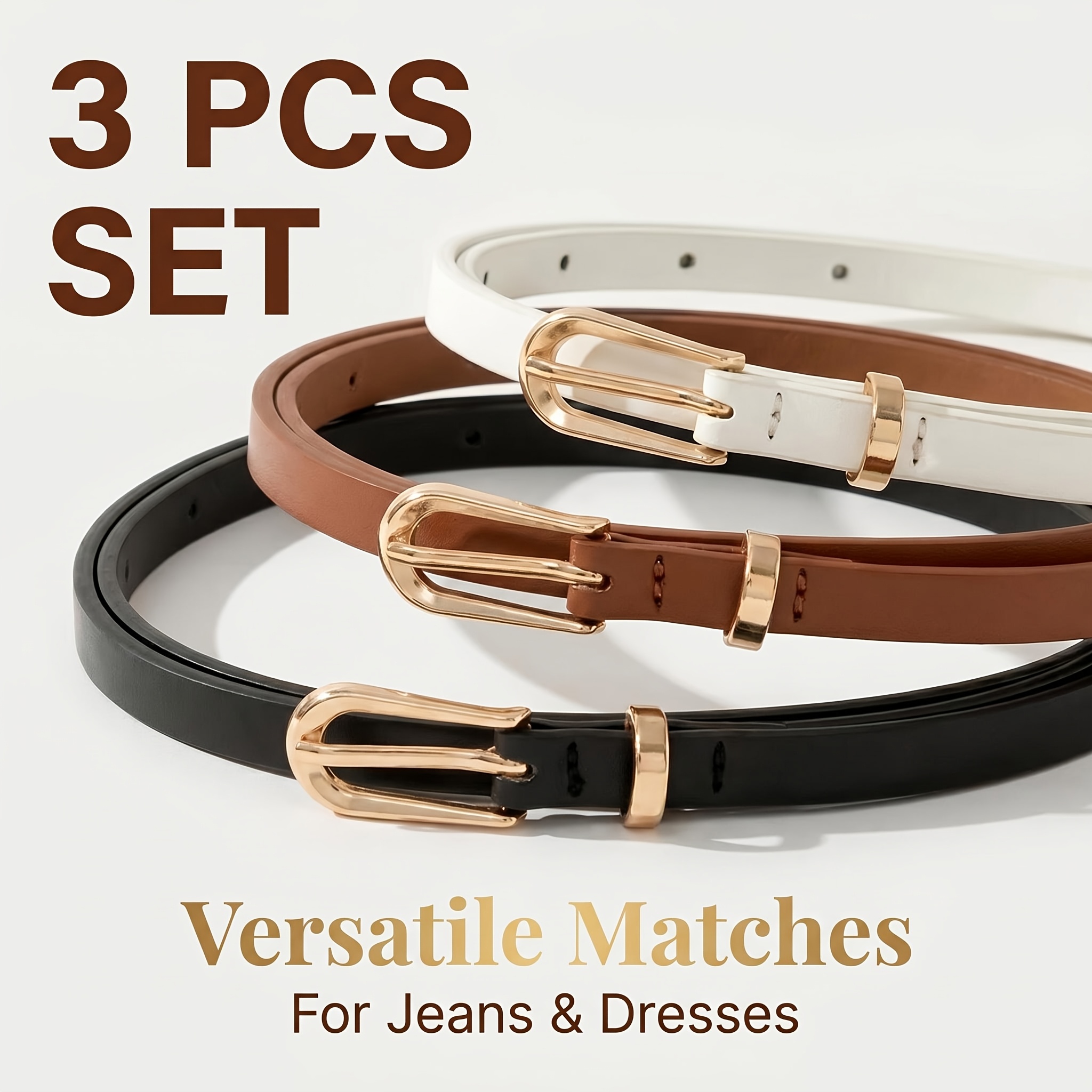 TEMU Women' Belt Set, Slim With Golden Buckle, Slim Waist Belt, Dress Belt, Versatile Simple Belt For Jeans, Pants, And Dresses, Solid Color Elegant
