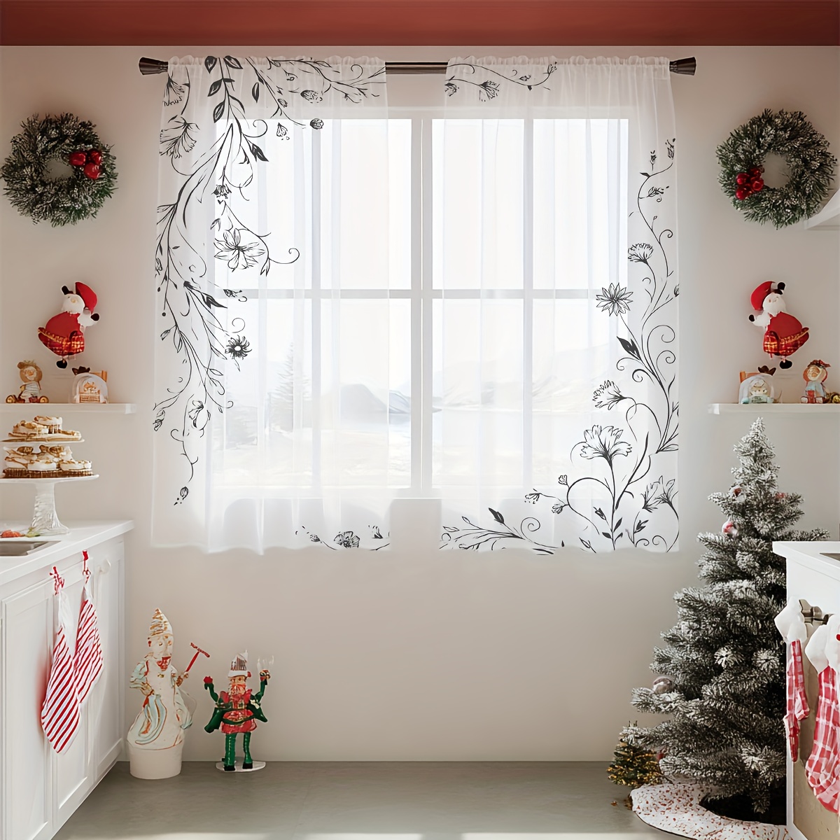 TEMU Lot de 2 Rideaux Semi-Transparents, Décoration de Fêtes, Cadeau, Mariage, Voilages à Imprimé Floral Élégant, Style et Naturel, Écrans de Fenêtre