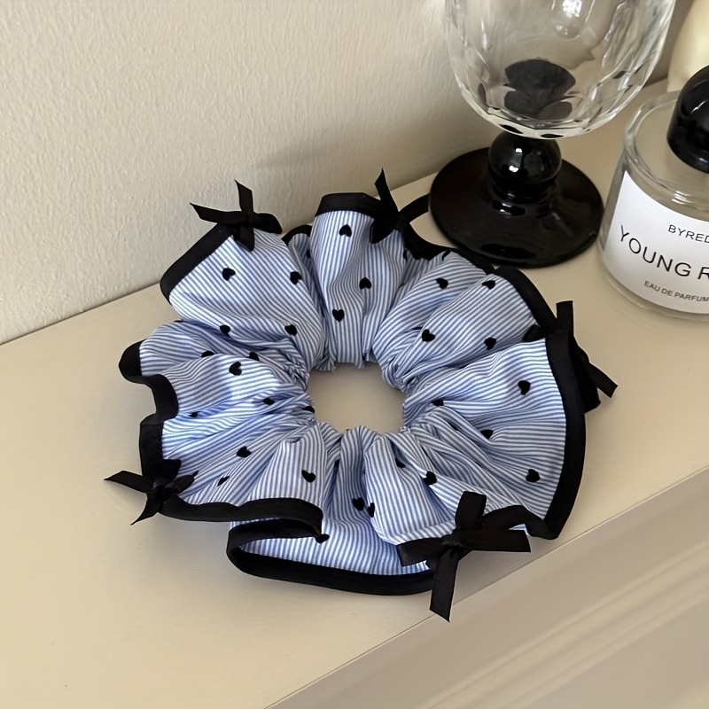 TEMU 1pc Blue Striped Pleated Bow Hair Tie, High-end Love Heart Pleated Large Ring, Temperament All-match Ponytail Hair Rope Hair Additions
