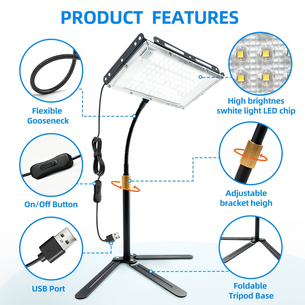 Flexible USB Work Lights with Telescopic Rod and Adjustable Angle