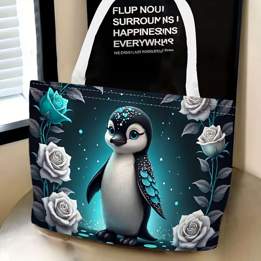TEMU 1pc Women's Penguin & Rose Themed Crossbody Bag - Cute Penguin Rose Print Shoulder Purse, Lightweight Suitable For Travel,, Shopping, Parties,