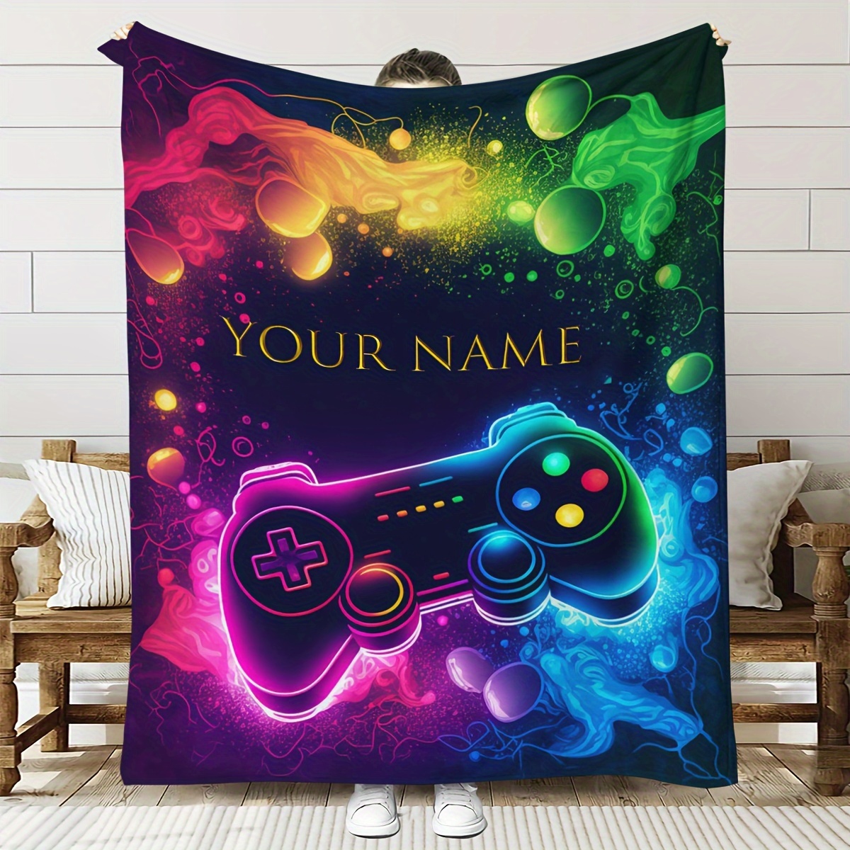 

Customizable Gaming Controller Name Blanket - Soft, Warm Flannel Throw For All - For Couch, Bed, Outdoor Use - Machine Washable Polyester - Perfect Gift For Gamers, Personalized Blanket