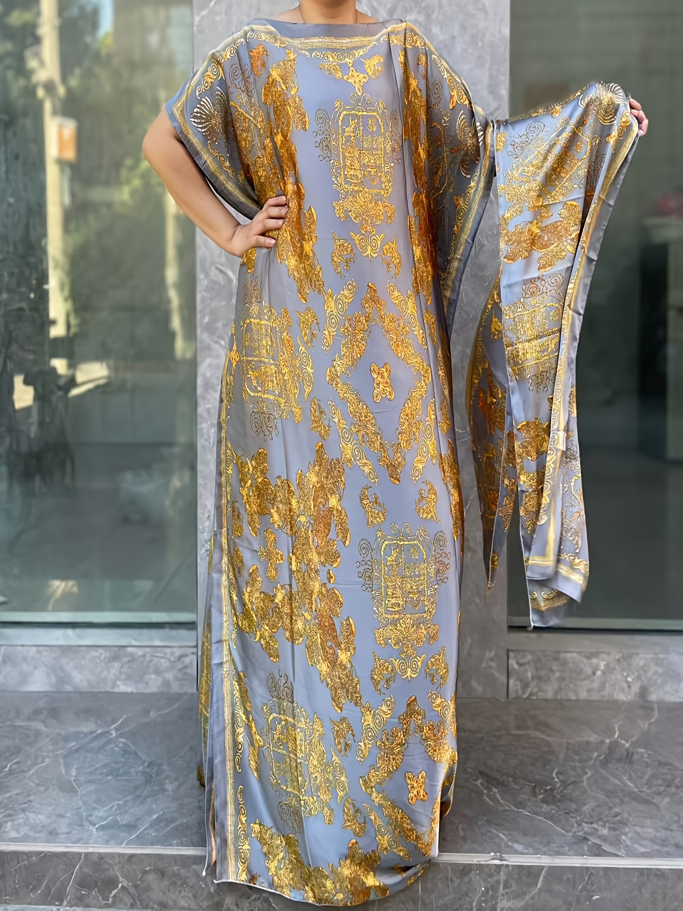 ladies floral printed long dress with scarf 100 polyester round neck bat sleeves loose fit long style non elastic suitable for   parties