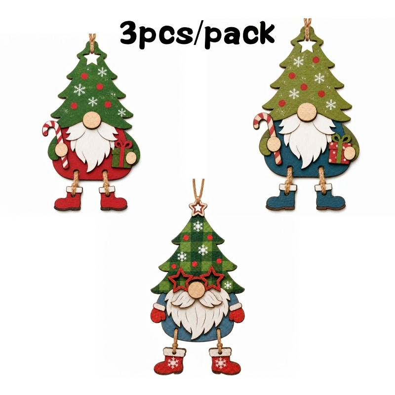 TEMU Set di 3 ornamenti di Natale in legno a forma di , ciondoli 2D a forma di albero con corde a nappa, scatola regalo a righe di , decorazione