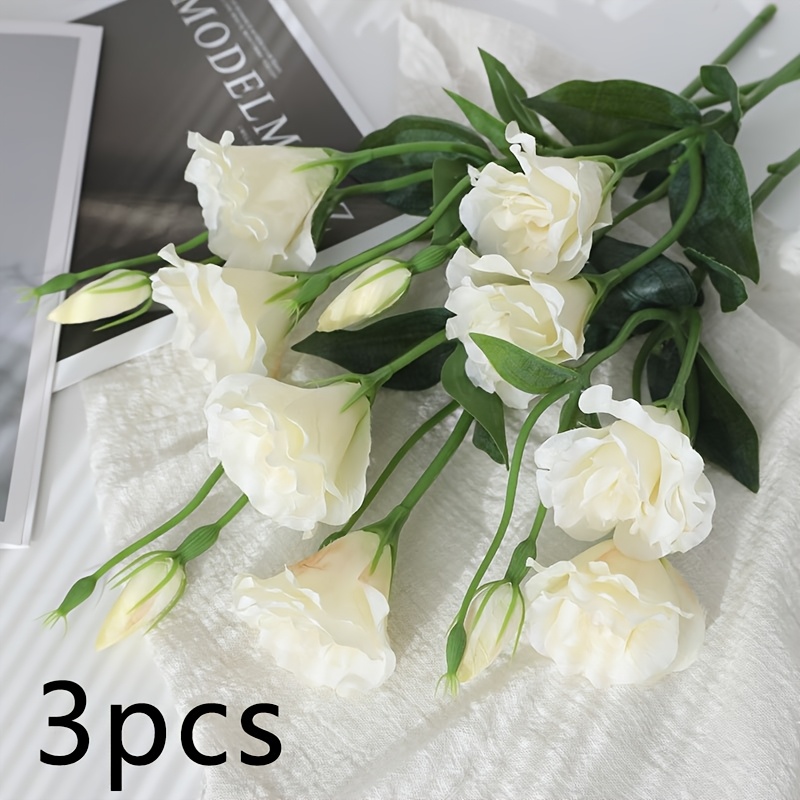 TEMU 3pcs Elegant White Artificial Flower Bouquet - Decor Roses With Green Leaves For Living Room, Dining Table, Office Decor | Perfect For Outdoor