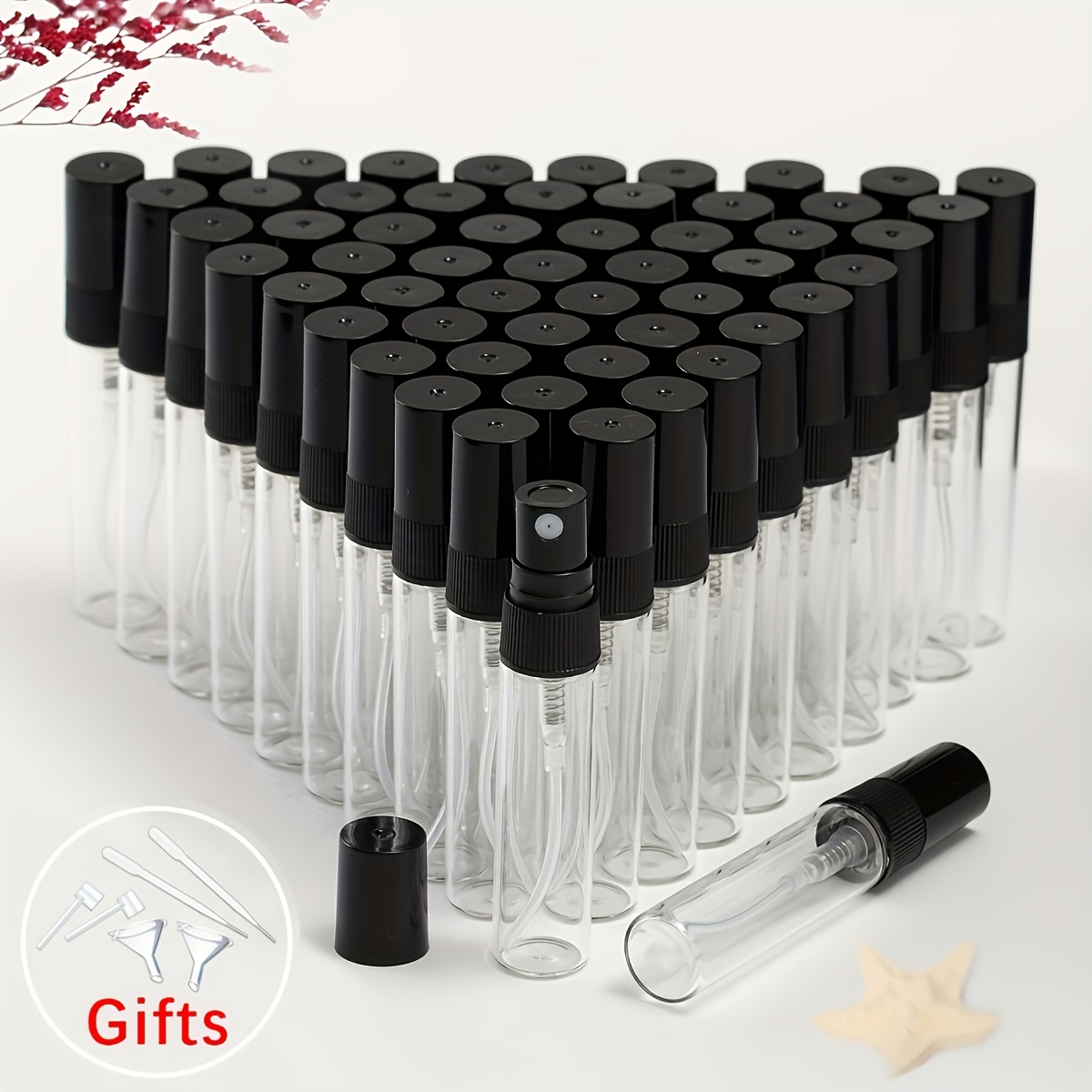 TEMU 50 Stück und 6 Stück Ergänzungen Klares Glas Parfümflaschen, Nachfüllbare Sprayflaschen, 0.07Oz, 0.1Oz, 0.17Oz, 0.34Oz